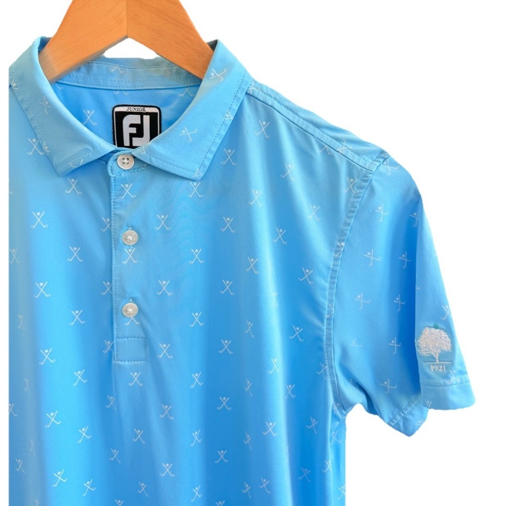 FootJoy Junior Golf Club Print Blue/White Polo Shirt Embroidered 1921 Logo Sz M - Picture 2 of 7